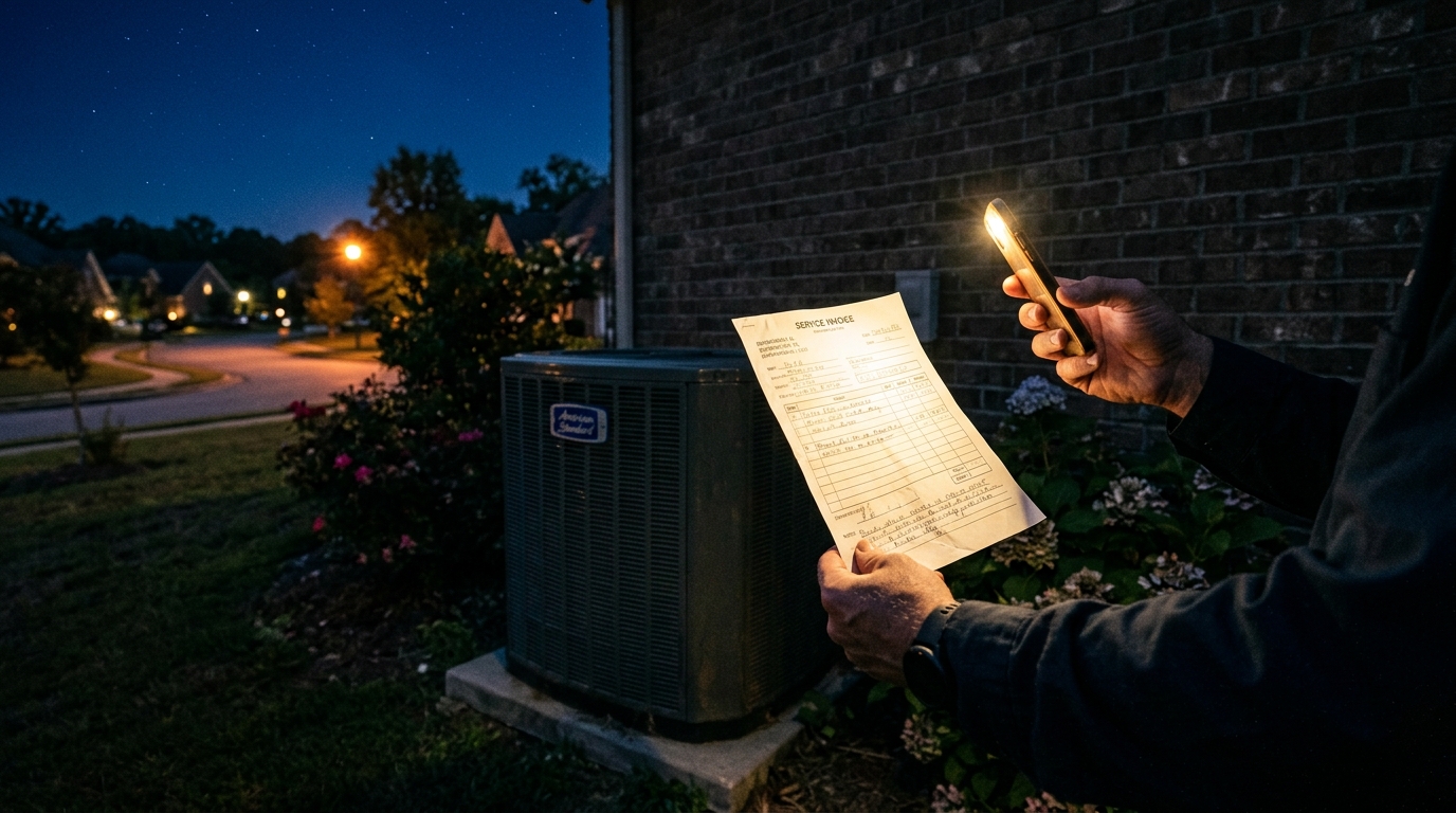 Hand holding a paper HVAC service invoice illuminated by a smartphone flashlight beside an outdoor AC condenser at night in a Birmingham neighborhood