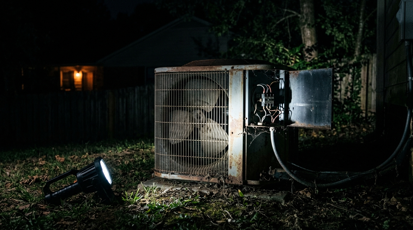 Silent AC condenser at night with a technician work flashlight on the ground illuminating an open contactor cover in a Trussville Alabama backyard