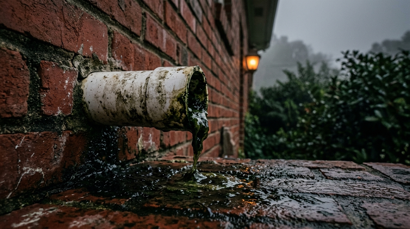 Clogged white PVC AC condensate drain line oozing dark green algae from a brick exterior wall on a Birmingham home