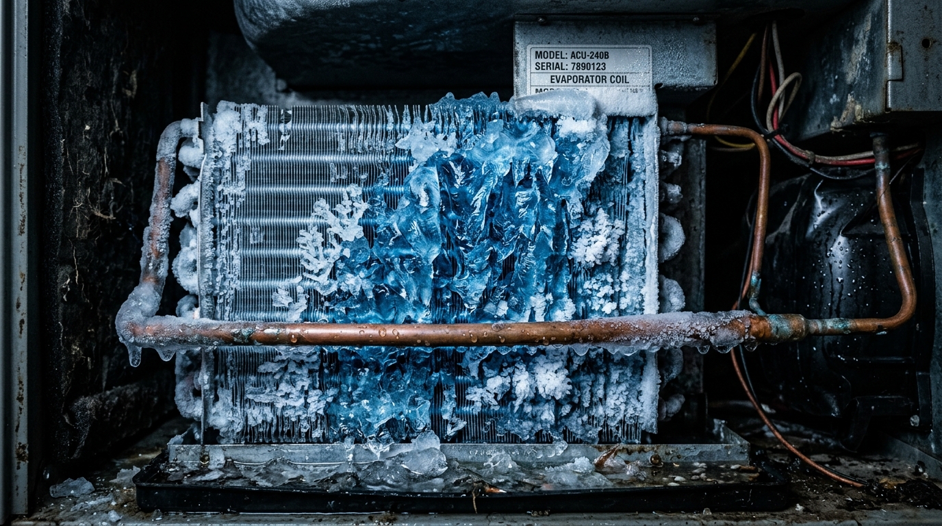 Frozen AC unit with ice on coils in Birmingham Alabama home