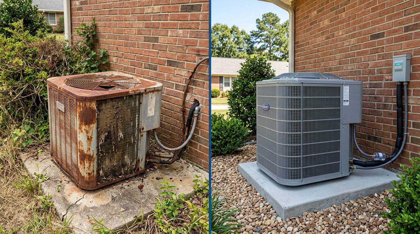 Split comparison showing old rusty AC unit versus new modern HVAC system at a Birmingham Alabama home