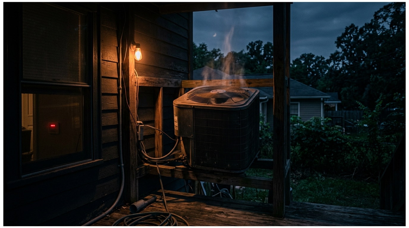 Residential AC condenser unit running with visible heat shimmer at twilight on a Birmingham porch