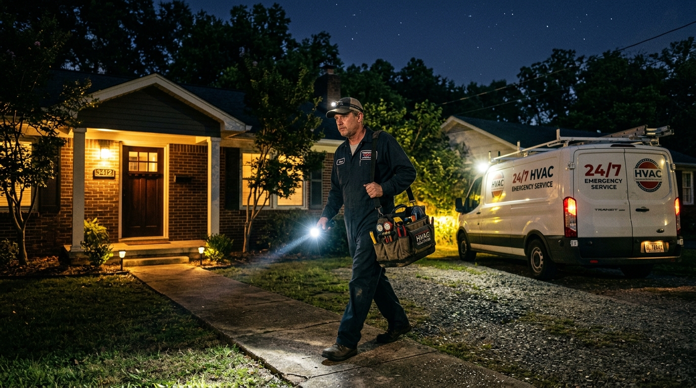 HVAC technician arriving at Birmingham Alabama home for emergency AC repair at night