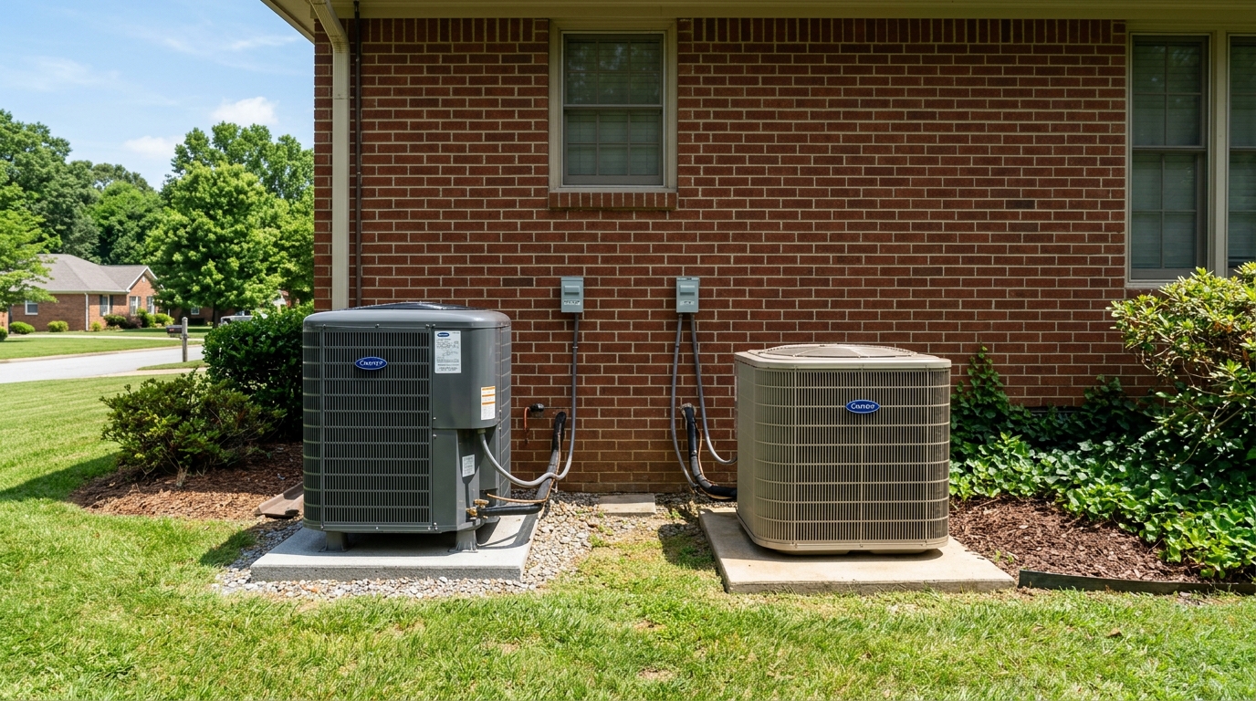 Side-by-side comparison of heat pump and central air conditioner units outside a brick home in Hoover Alabama