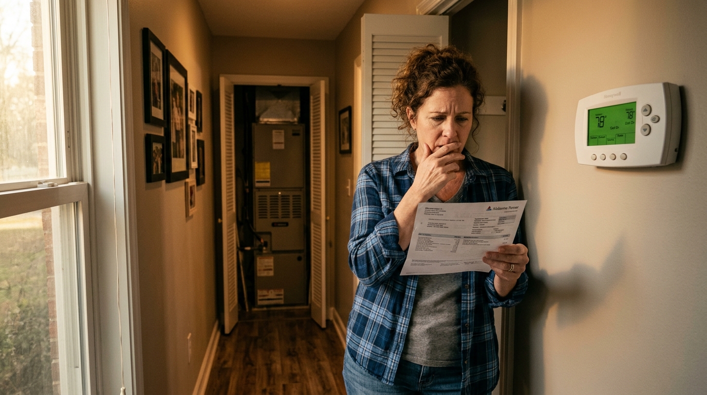 Homeowner looking at high electricity bill next to thermostat and HVAC system in Birmingham Alabama home