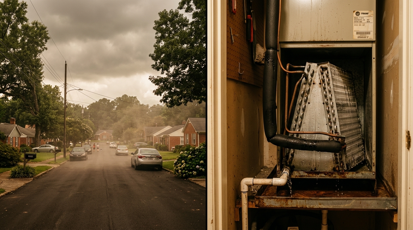 Birmingham Alabama humid summer day with moisture-damaged HVAC evaporator coil