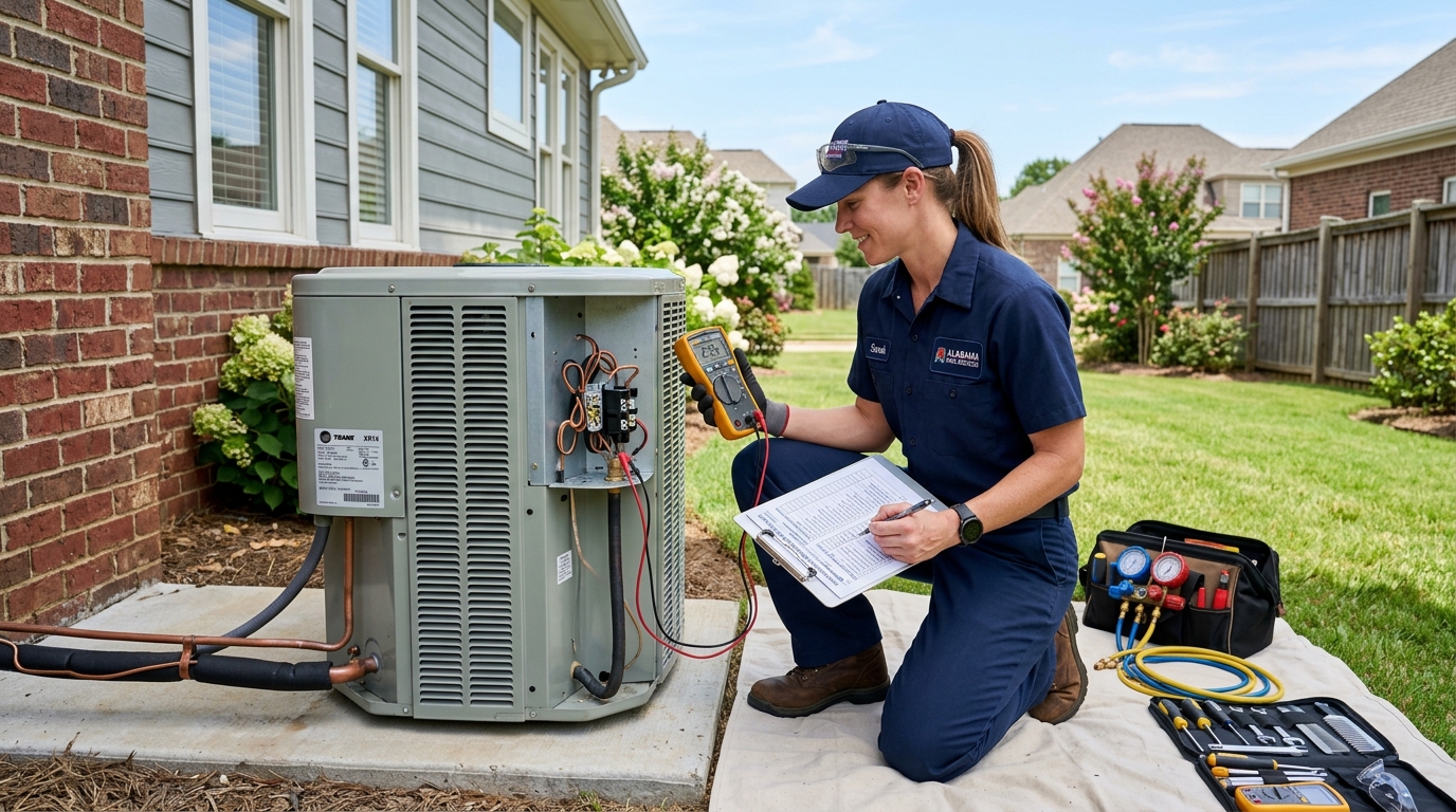 HVAC technician inspecting residential air conditioning unit with multimeter and clipboard in Alabama