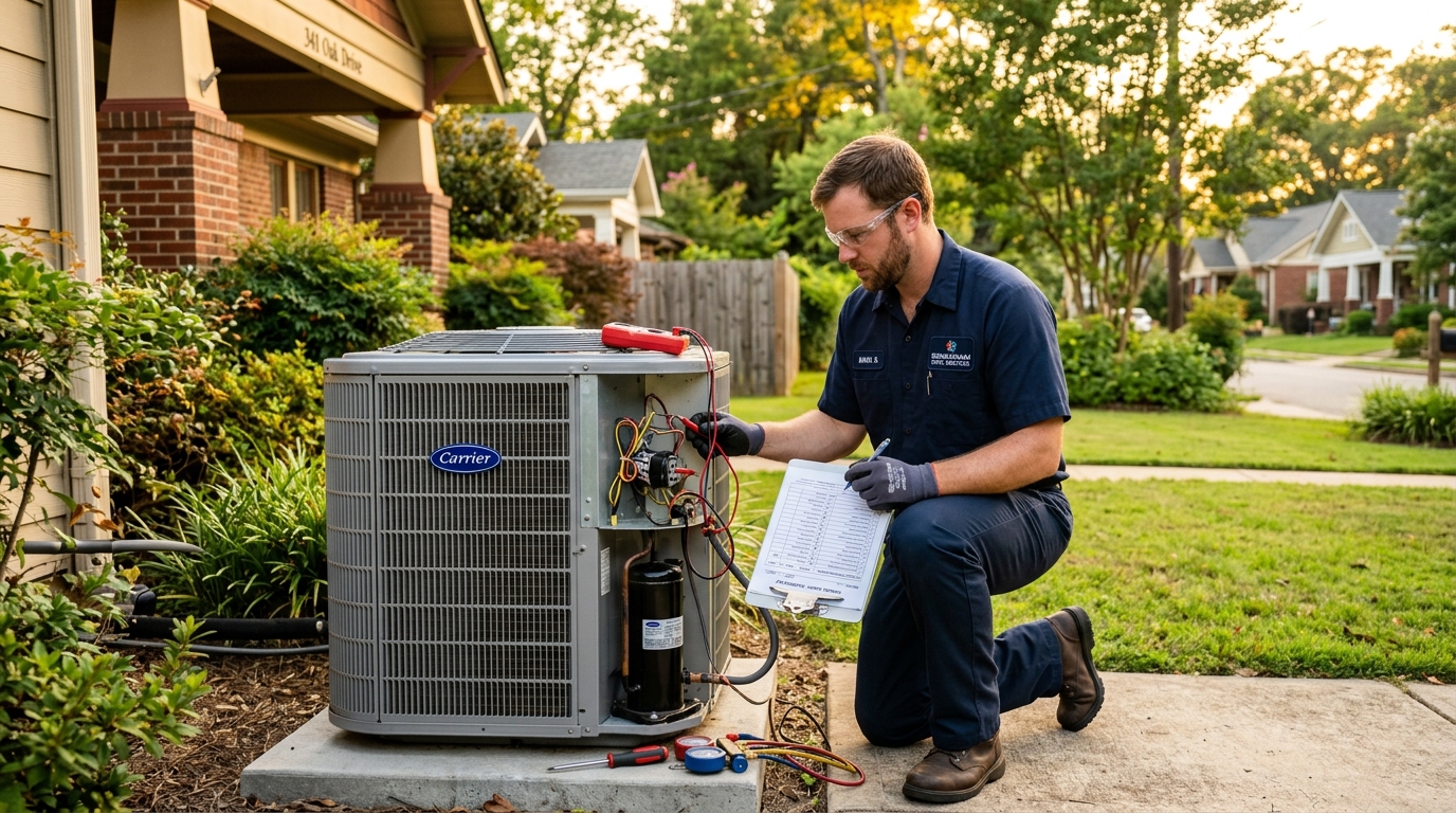 HVAC technician performing maintenance inspection on residential system in Birmingham Alabama