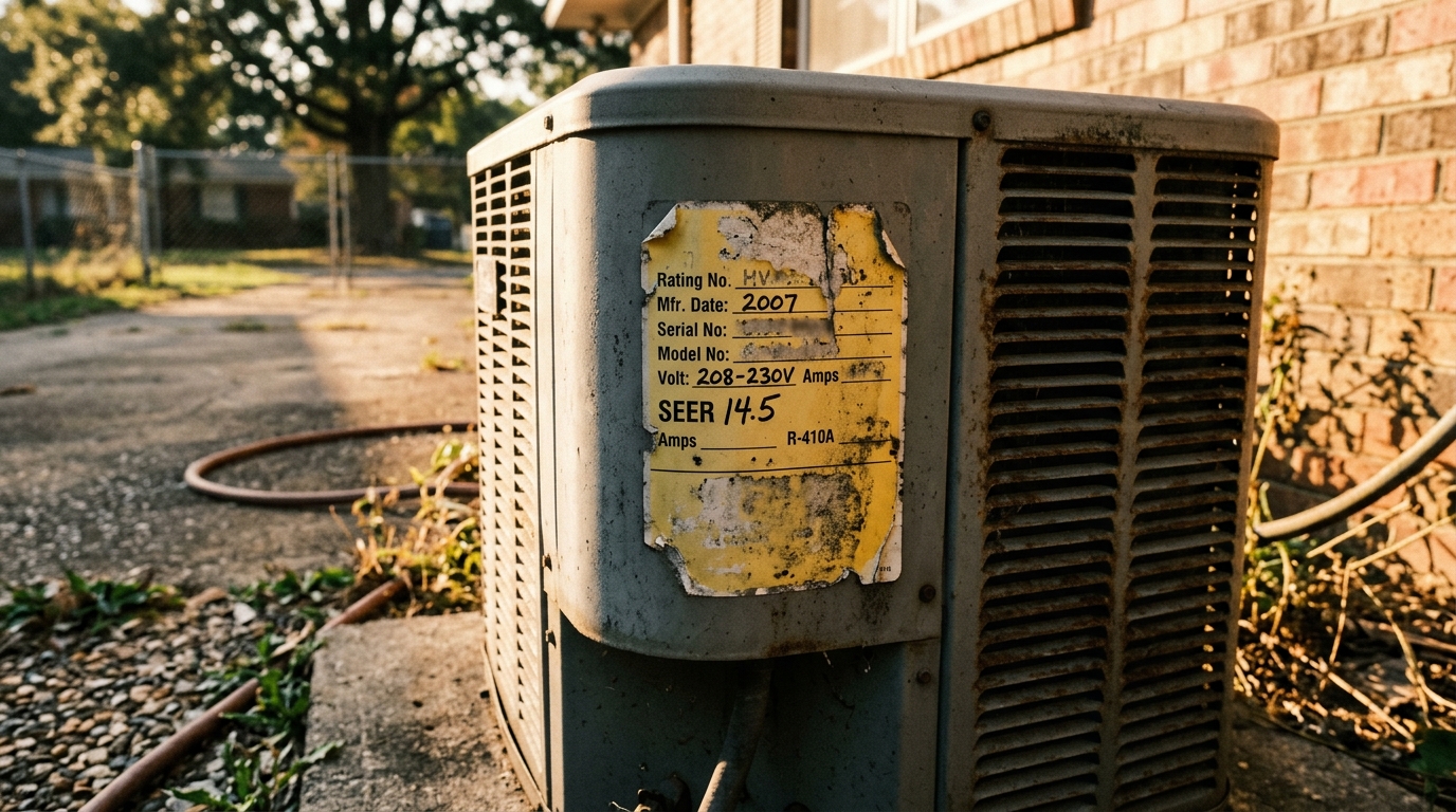 Weathered yellow HVAC nameplate sticker showing SEER rating on an outdoor AC condenser in golden-hour Alabama sunlight