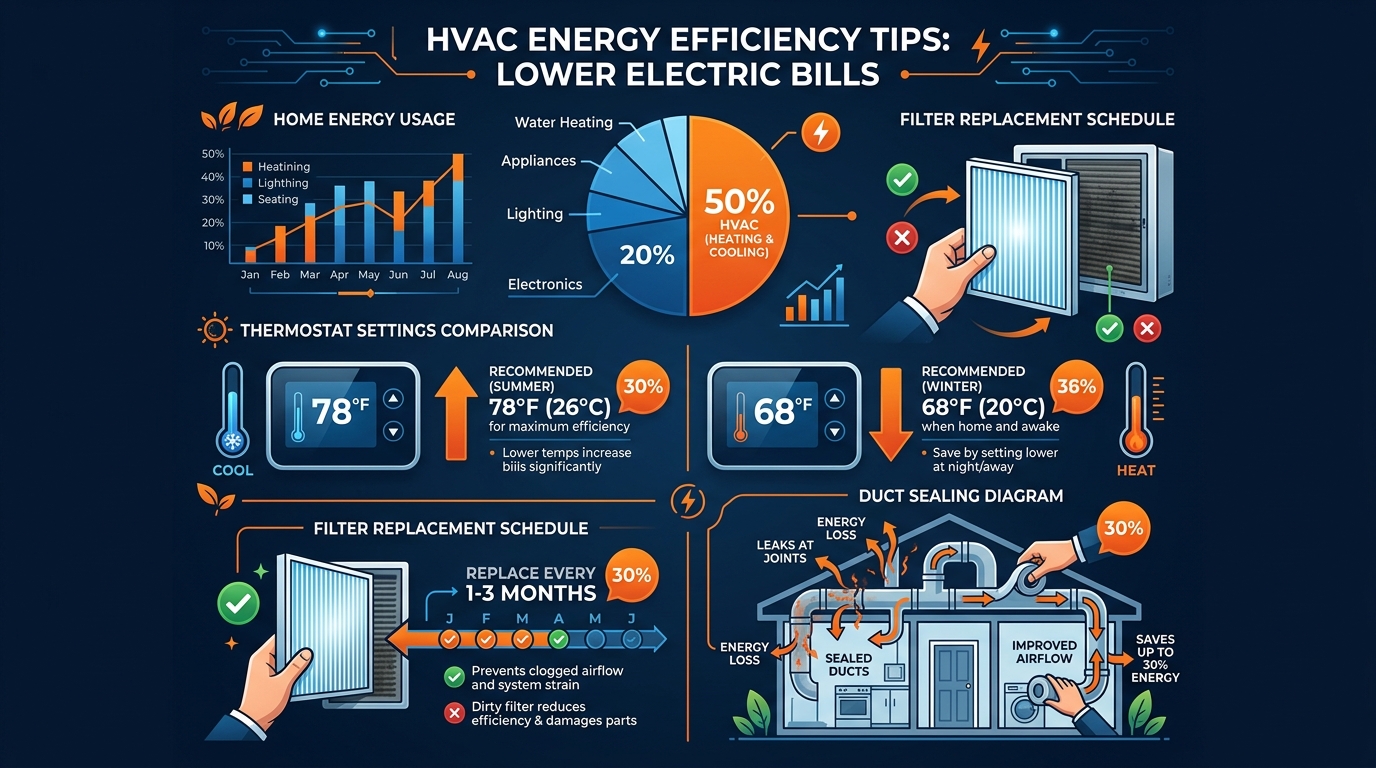 HVAC energy efficiency tips infographic showing thermostat settings, filter replacement schedule, and duct sealing diagram