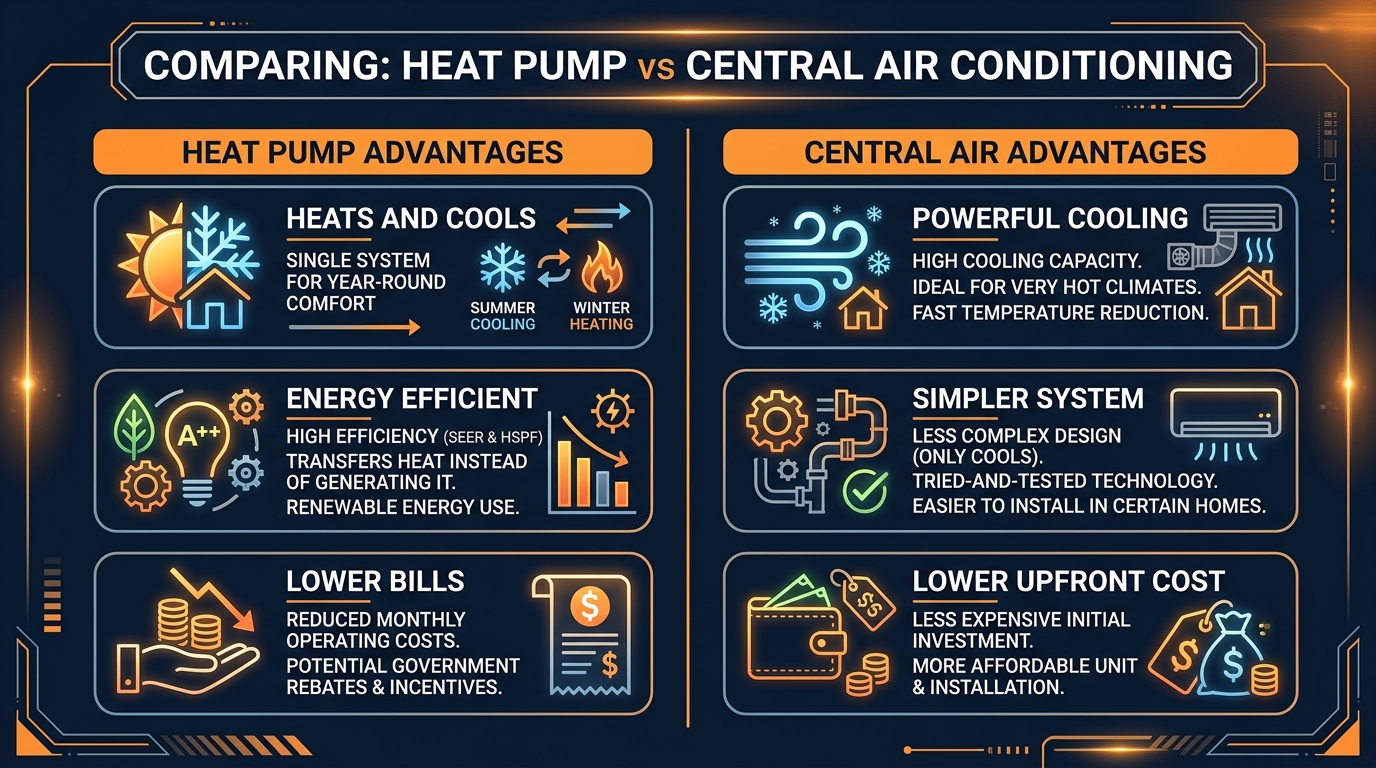 Infographic comparing heat pump advantages versus central air conditioning advantages for Alabama homeowners