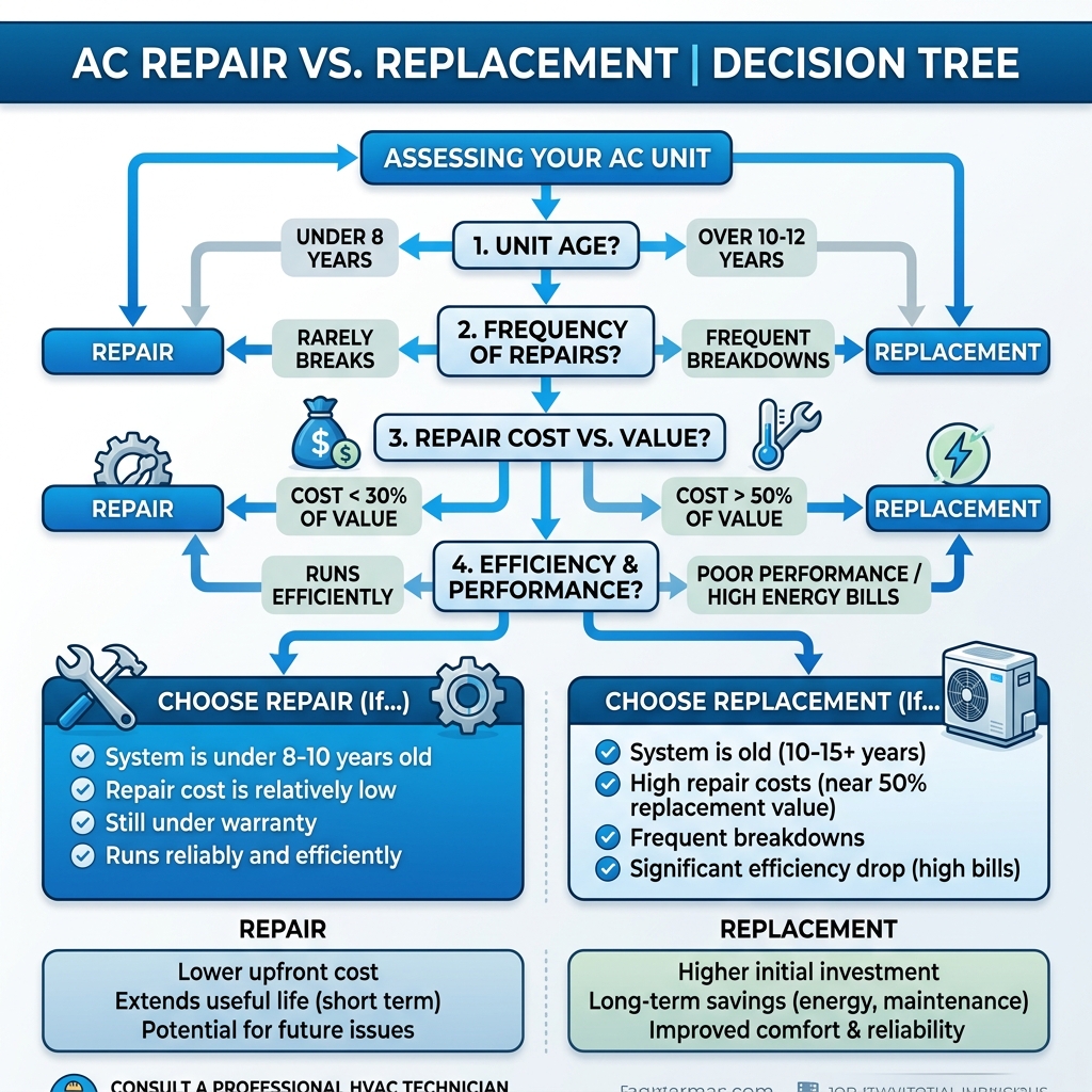 AC repair vs replacement decision tree infographic showing flowchart with age, cost, and efficiency factors