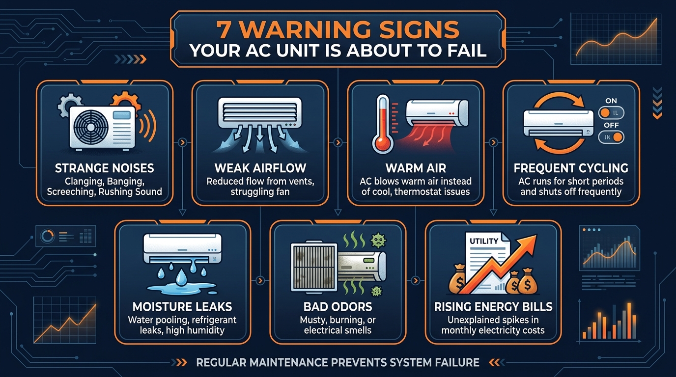 7 warning signs your AC unit is about to fail infographic showing strange noises, weak airflow, warm air, frequent cycling, moisture leaks, bad odors, and rising energy bills