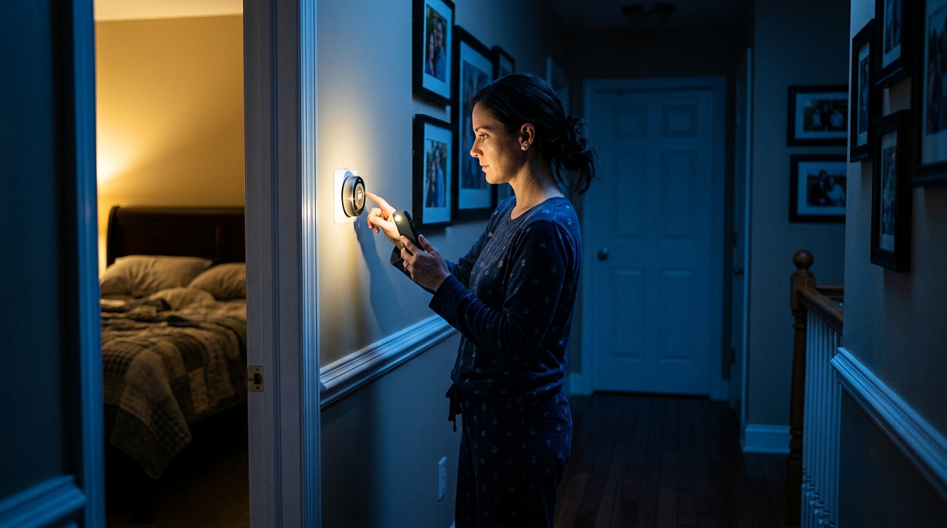 Homeowner in pajamas checking a wall thermostat with smartphone flashlight in a dim suburban hallway at night