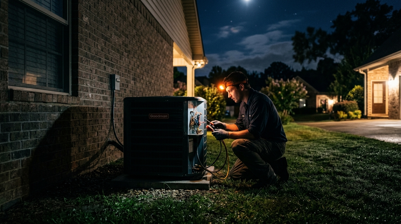 HVAC technician with headlamp inspecting outdoor AC condenser unit at midnight outside a Birmingham Alabama brick home