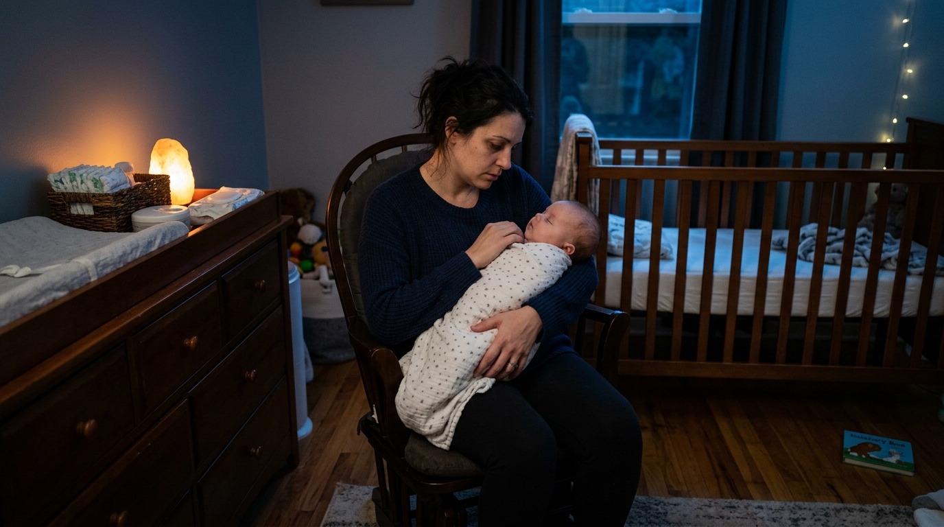Parent holding sleeping infant in dimly lit nursery at night during a household HVAC emergency