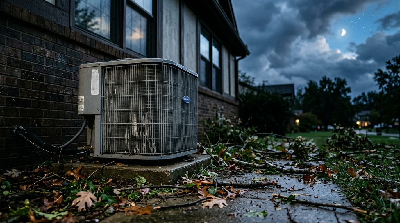 Outdoor AC condenser unit surrounded by post-storm debris and breaking clouds at twilight in a Birmingham yard