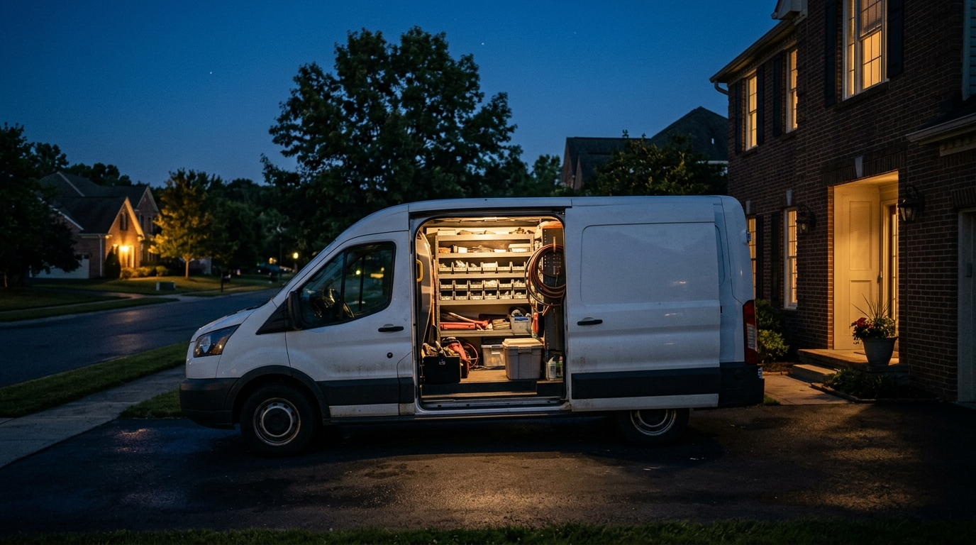 HVAC service van parked in a Birmingham suburban driveway on a quiet weekend night