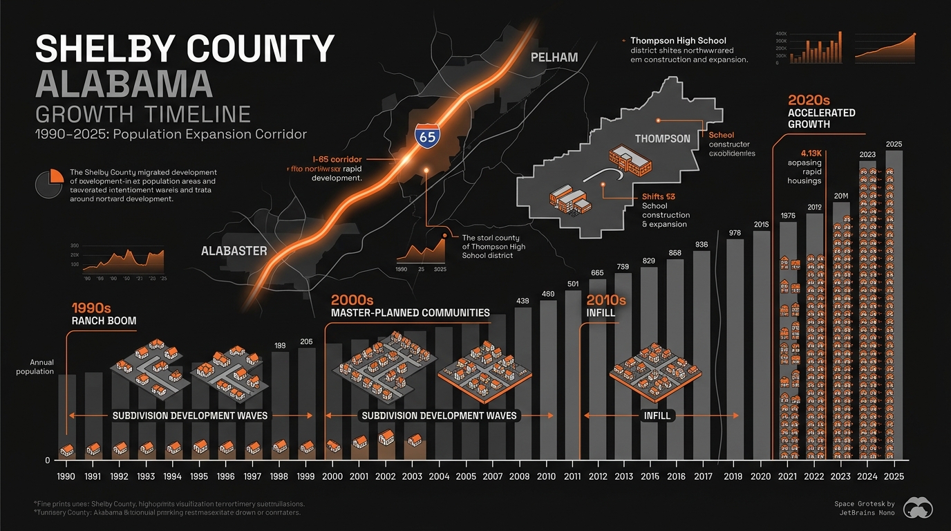 Infografía de la línea de tiempo de crecimiento del condado de Shelby que muestra la expansión de la población de Alabaster desde 1953 hasta 2020 a través de cuatro olas de viviendas a lo largo de la I-65