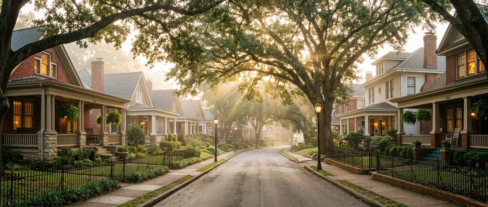Amanecer en una calle histórica de Forest Park en Birmingham Alabama con bungalows de ladrillo de los años veinte y robles formando un dosel sobre la calle
