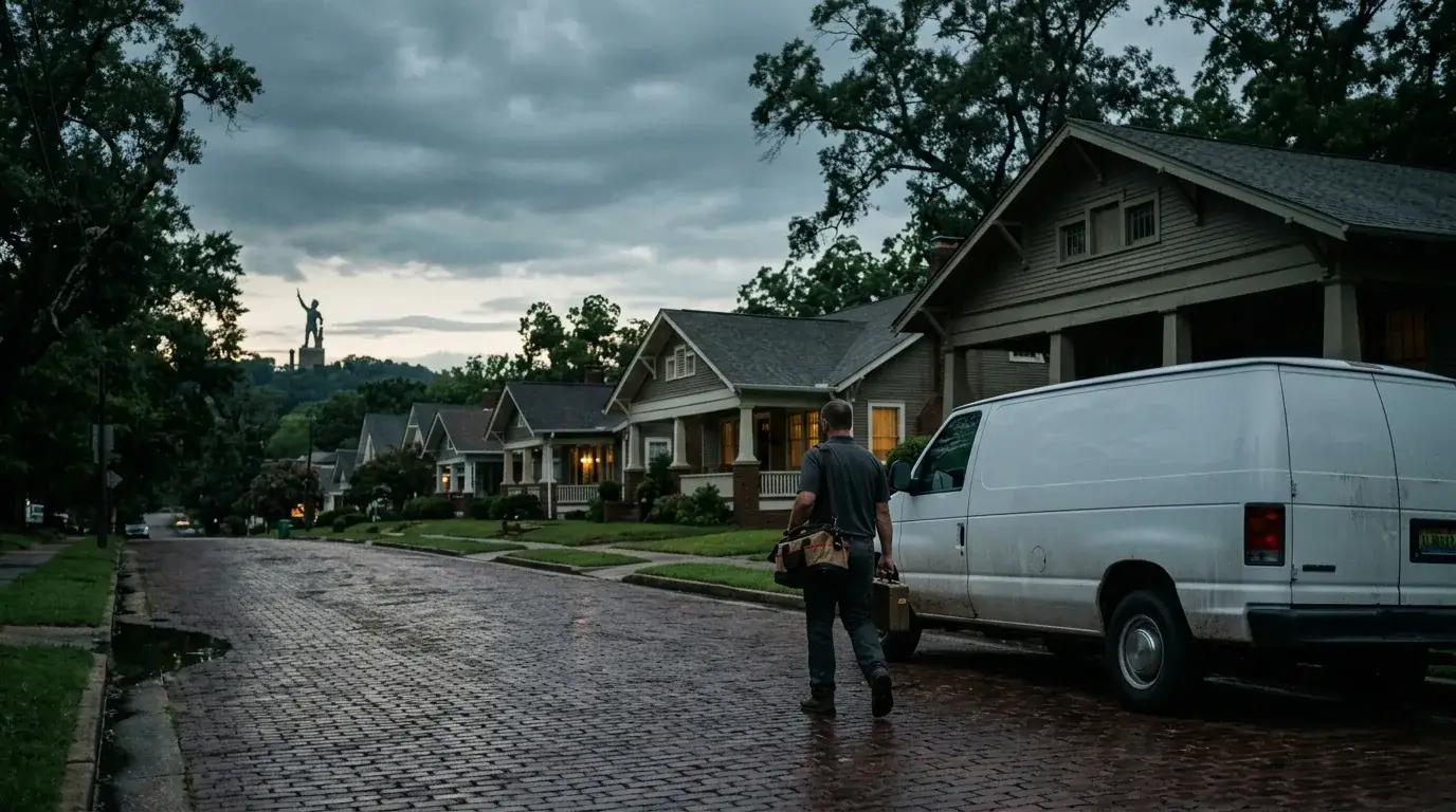 HVAC technician walking to a Forest Park bungalow in Birmingham Alabama at dusk, Vulcan statue silhouetted on Red Mountain in the distance