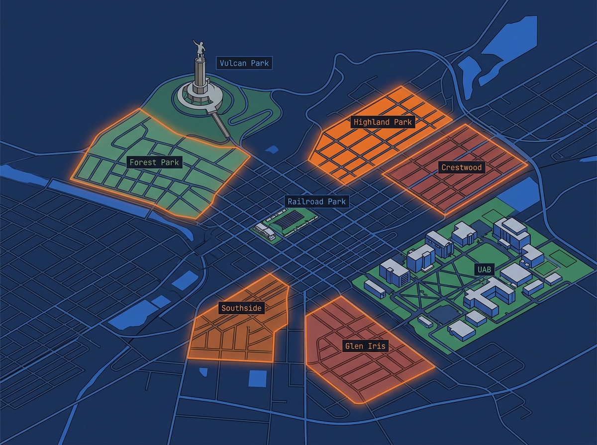 Mapa isométrico de los barrios residenciales históricos de Birmingham Alabama — Forest Park, Highland Park, Crestwood, Southside, Glen Iris — con los hitos Vulcan Park, Railroad Park y el campus de la UAB etiquetados