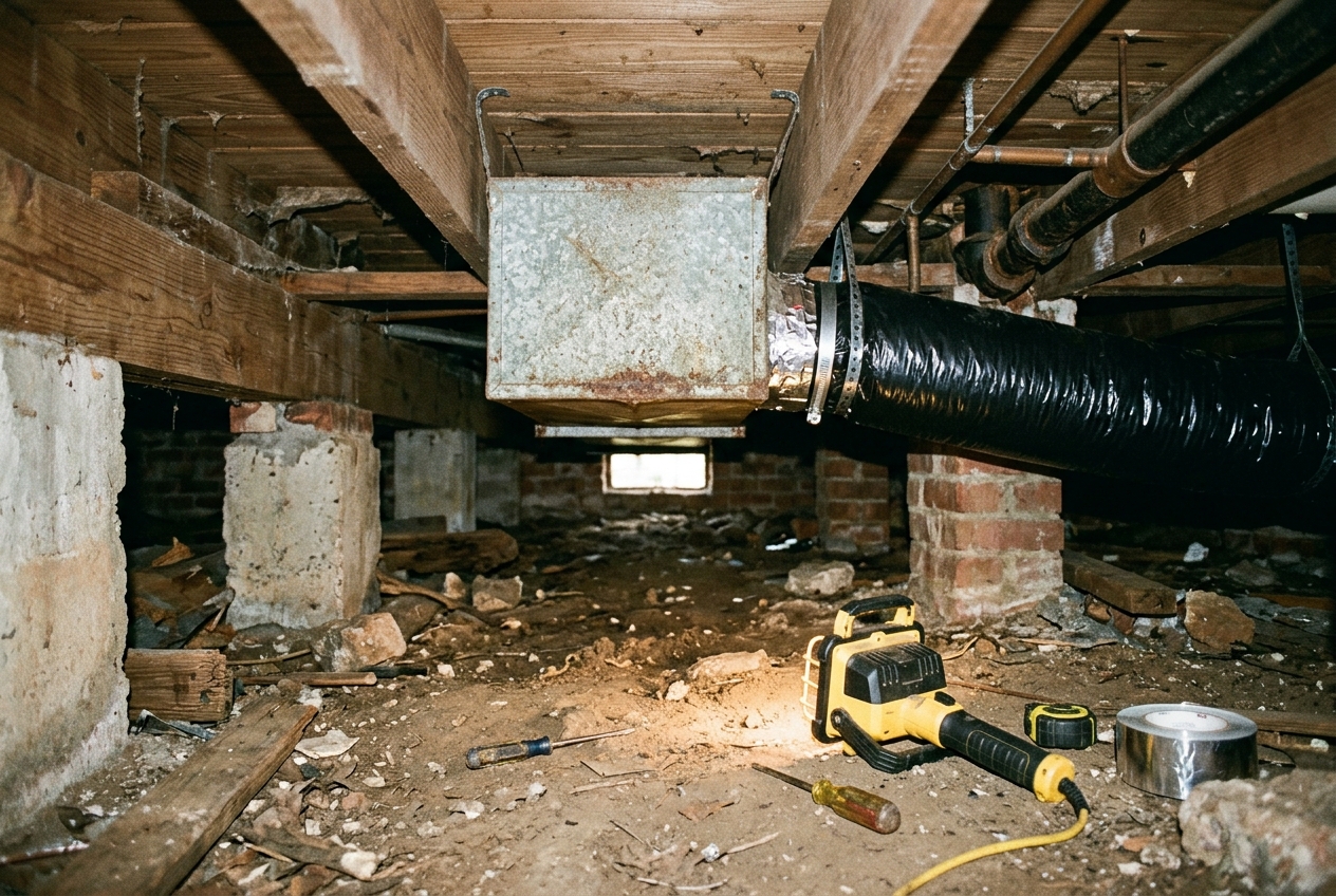 Técnico inspeccionando conexiones de ducto flexible deterioradas en un espacio bajo el piso pier-and-beam bajo un bungalow de Homewood de los años 1930