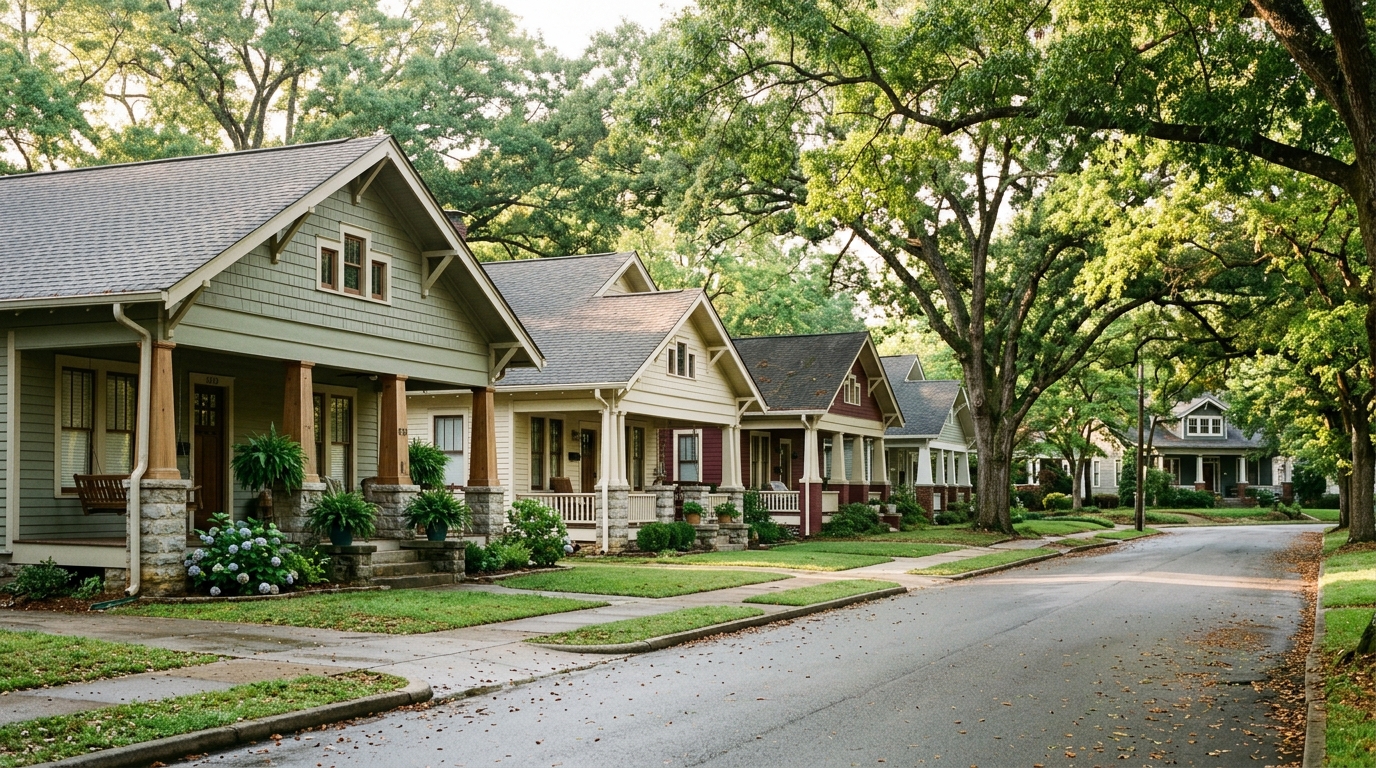 Bungalows Craftsman históricos en una calle arbolada en Edgewood, Homewood Alabama, con un dosel de robles maduros arriba