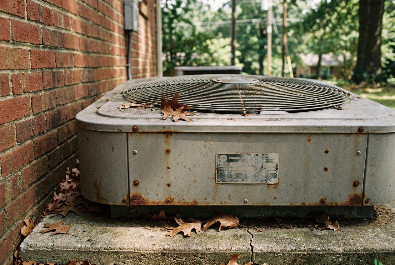 Primer plano de un condensador exterior Trane residencial de los años noventa deteriorado con hojas de roble dispersas alrededor de la losa de concreto
