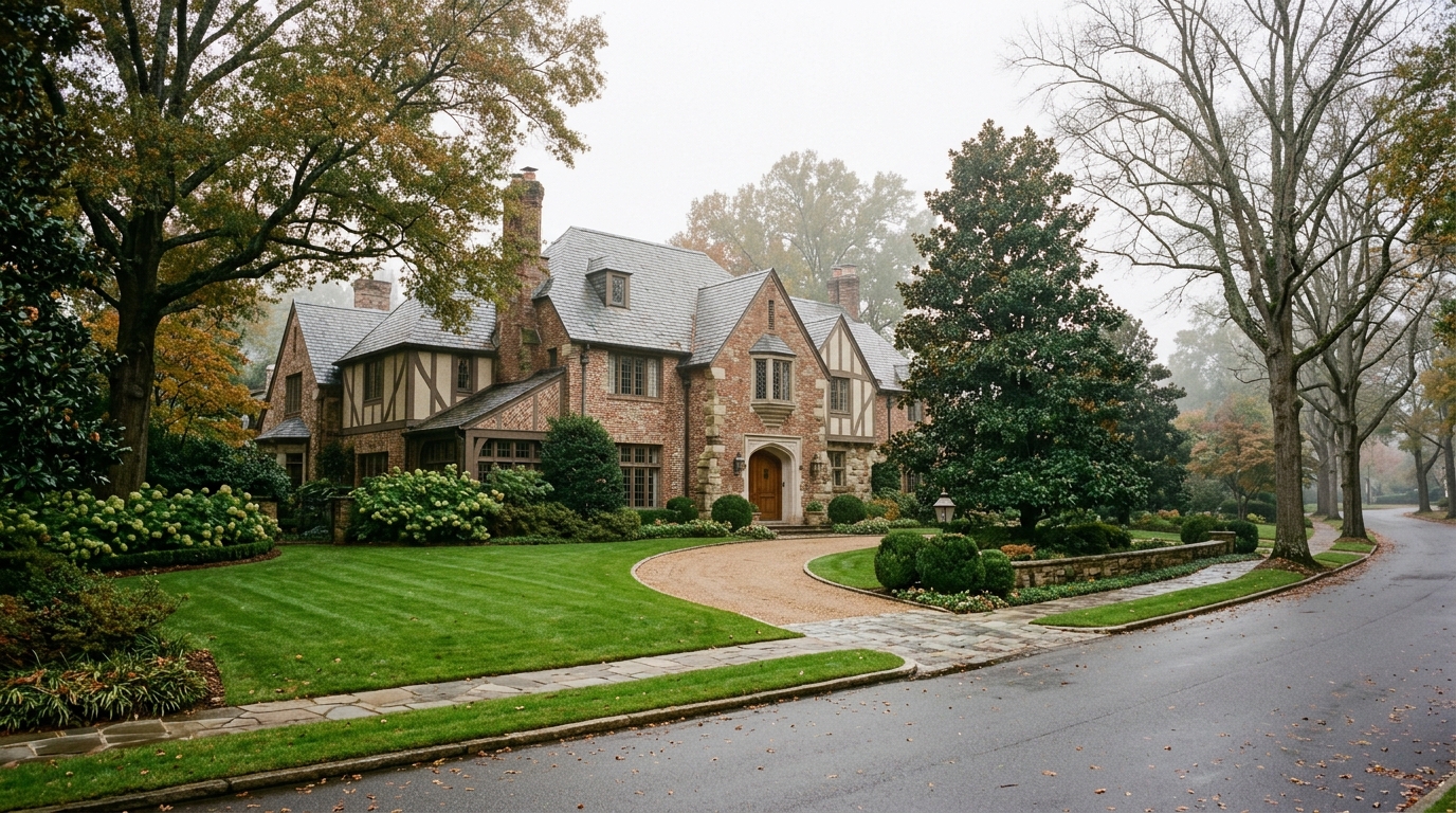 Residencia Tudor de ladrillo en Crestline Village Mountain Brook Alabama con dosel de árboles maduros y condensador HVAC residencial en el soporte lateral