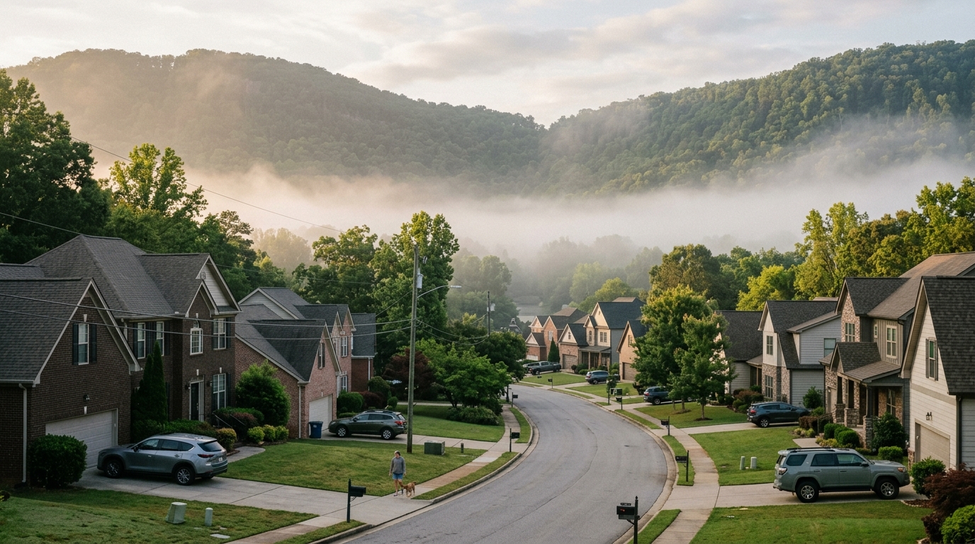 Vista del piso del valle al este del Parque Estatal Oak Mountain en Pelham Alabama al amanecer con bolsillos de niebla matutina visibles sobre el dosel arbóreo