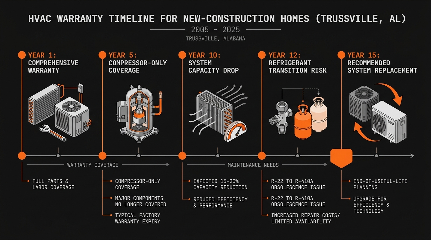 Infografía de línea de tiempo de garantía que muestra las fases de cobertura HVAC del año 1 al año 15 para casas de nueva construcción en Trussville Alabama