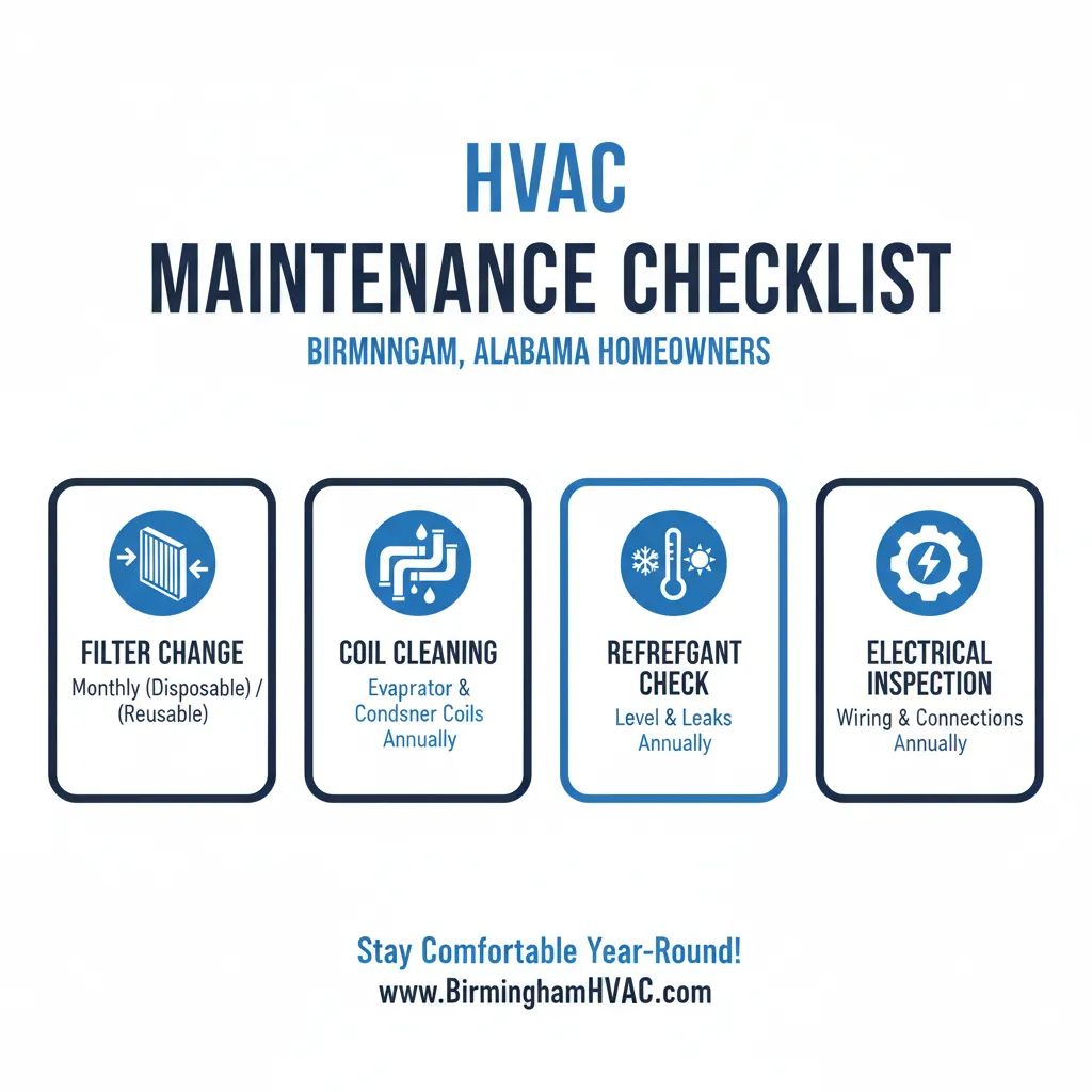 HVAC maintenance checklist infographic for Birmingham Alabama homeowners - seasonal AC and heating maintenance guide