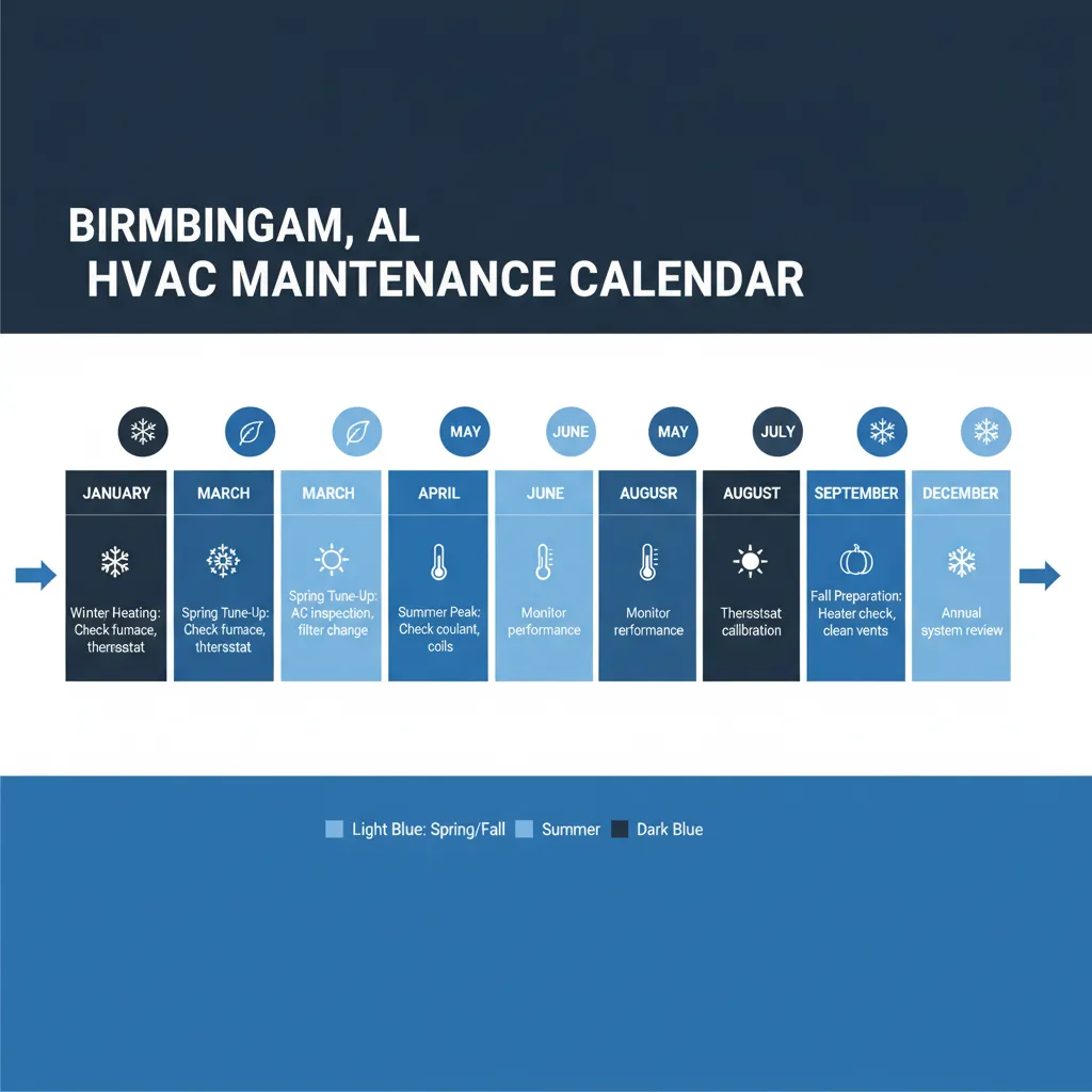 Seasonal HVAC maintenance calendar infographic for Birmingham Alabama - month by month AC and heating preparation guide
