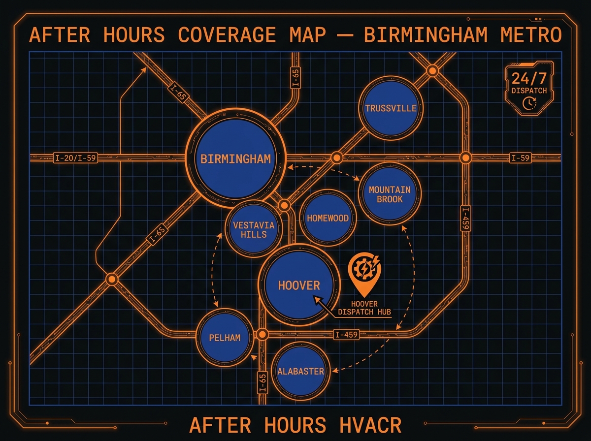After Hours HVACR Birmingham metro coverage map showing Jefferson and Shelby county service cities