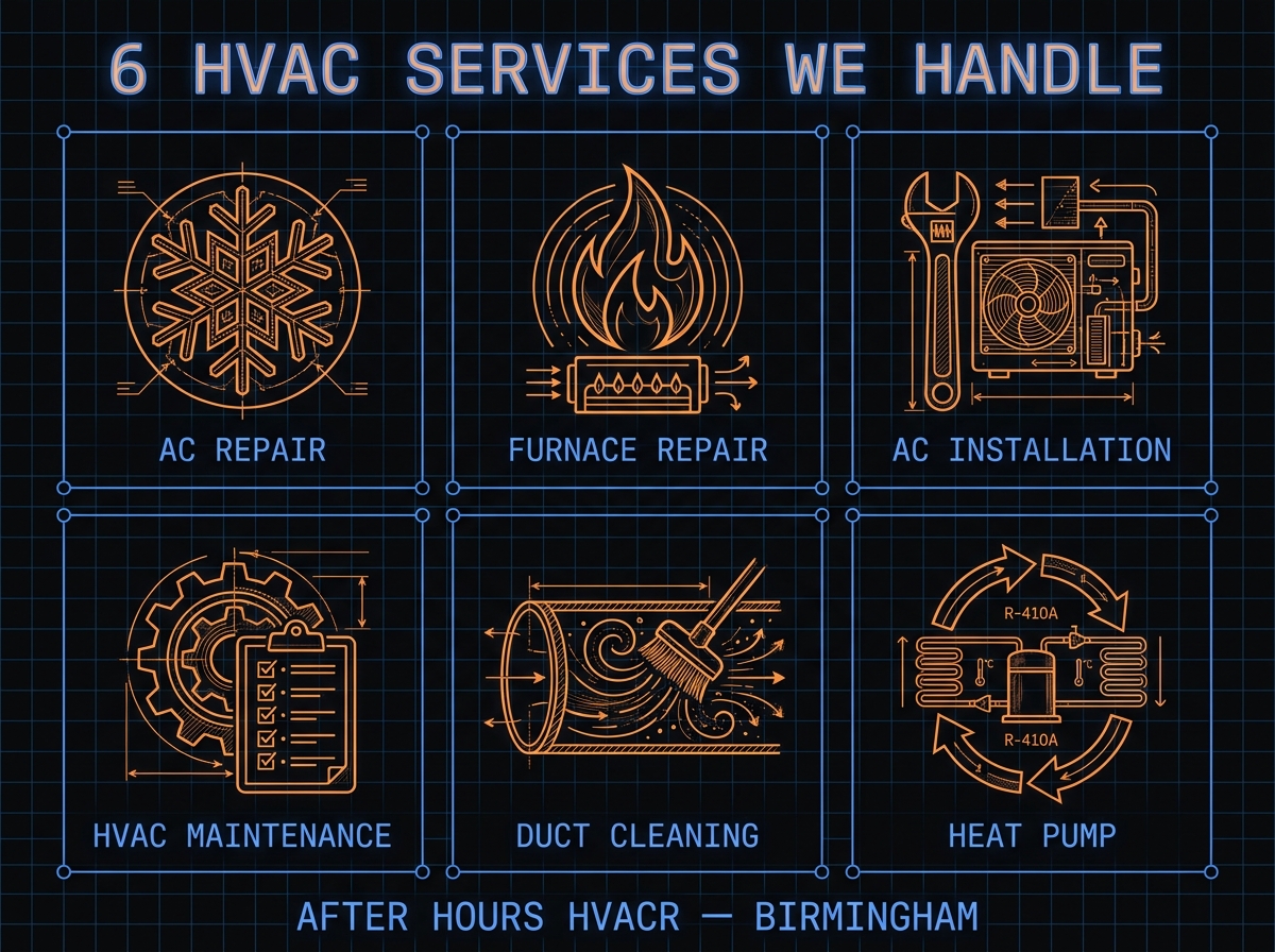 Six HVAC services After Hours handles across Birmingham