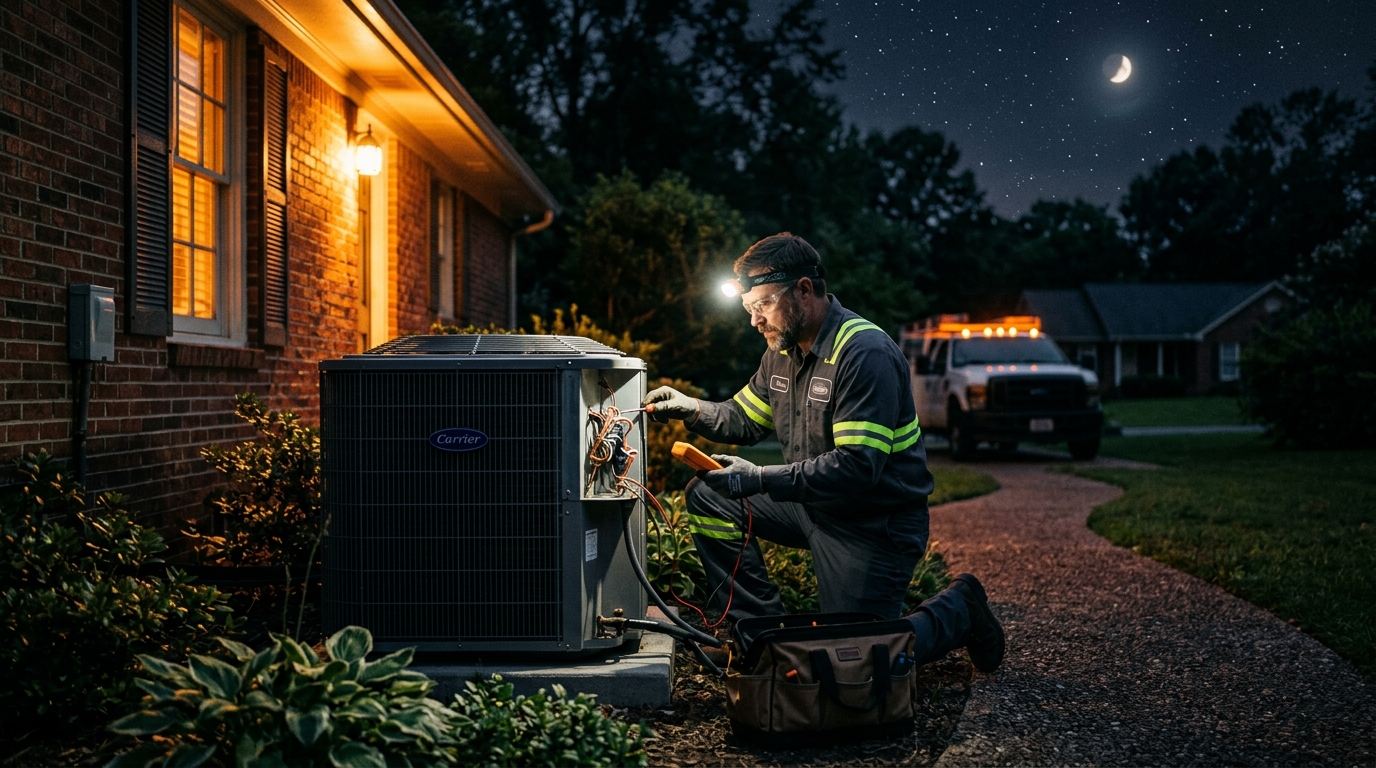 Licensed Alabama HVAC technician with headlamp working on a residential AC condenser at 2 AM in a Birmingham backyard, service truck visible