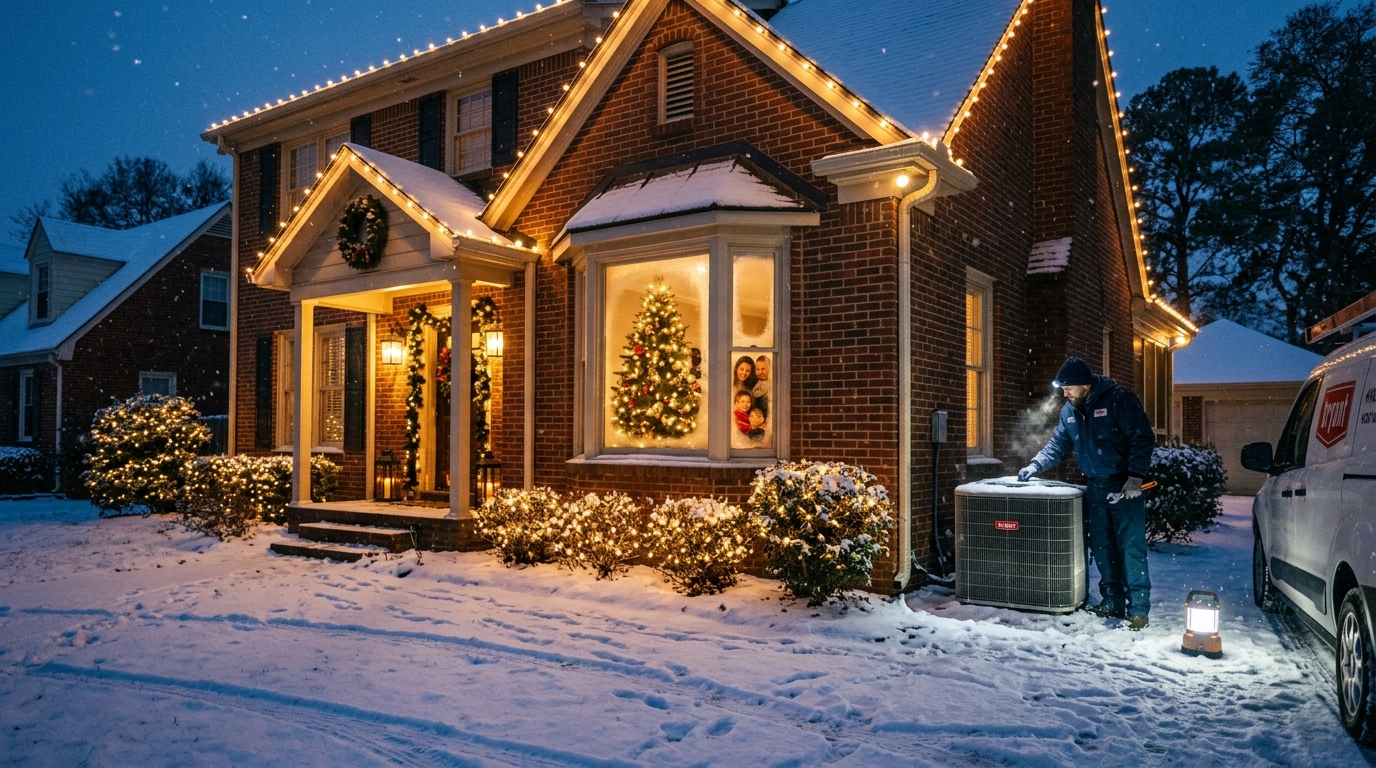After Hours HVACR technician servicing a heat pump at a Christmas-decorated Birmingham Alabama home on a cold winter evening
