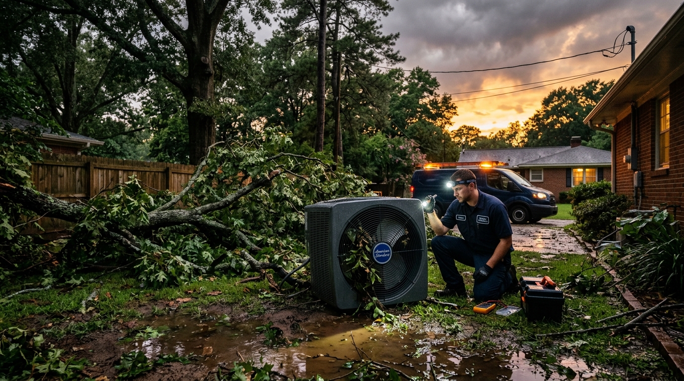 After Hours HVACR technician inspecting a storm-damaged residential AC condenser unit with fallen tree branch in a Birmingham Alabama backyard at dusk after a thunderstorm