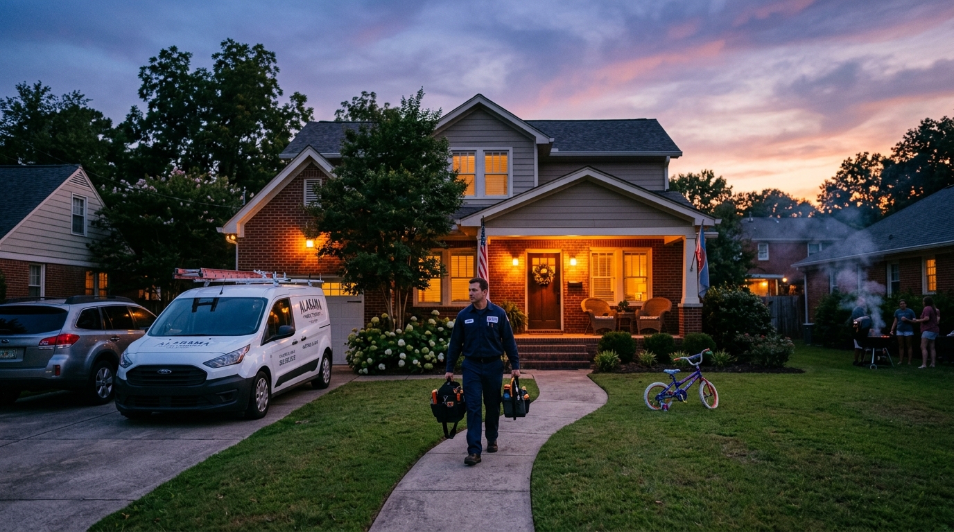 After Hours HVACR technician arriving at a Birmingham home on Saturday evening, service van in the driveway at dusk