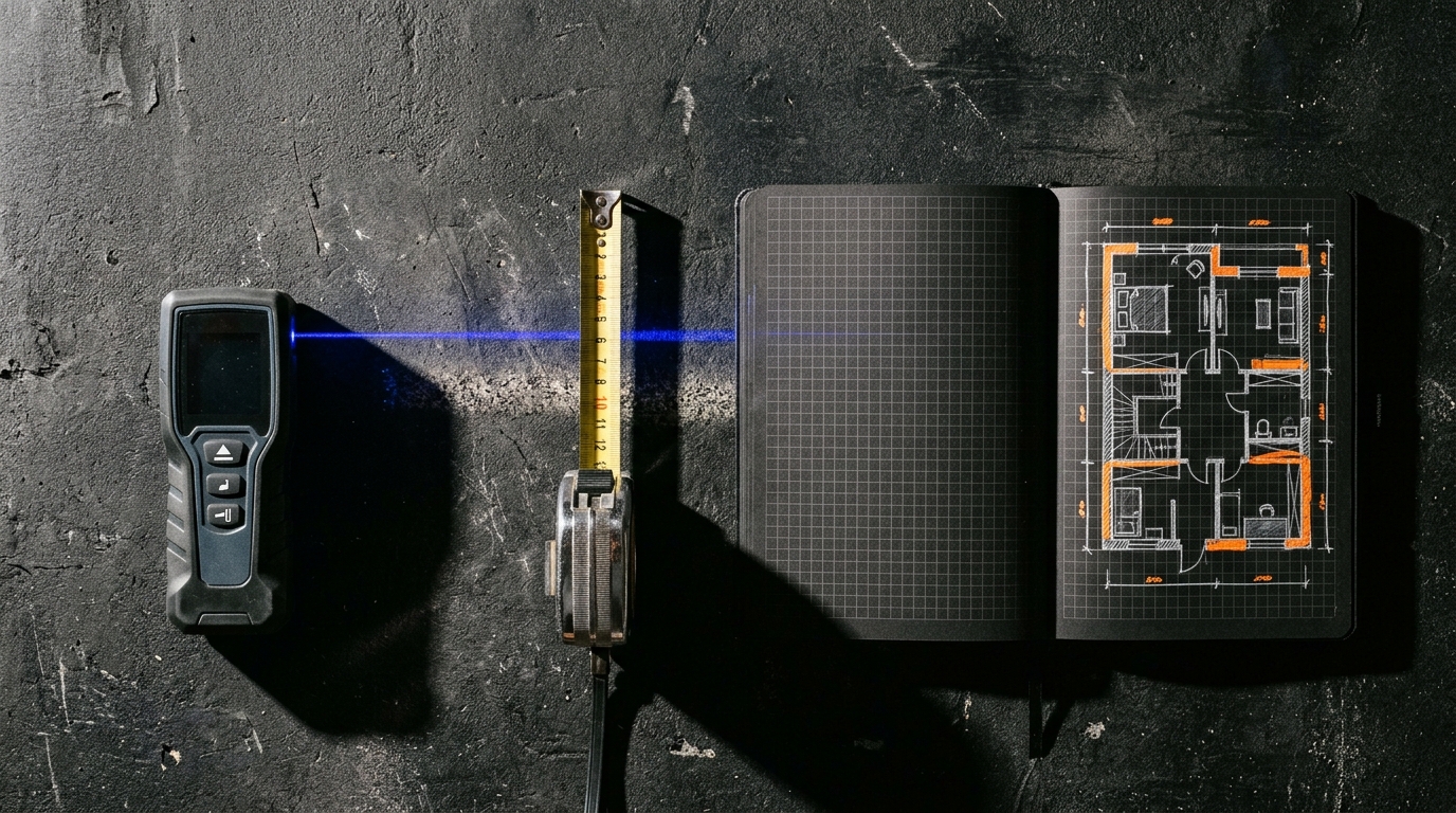 BTU calculator — laser measure, steel tape, and grid notebook for room cooling sizing