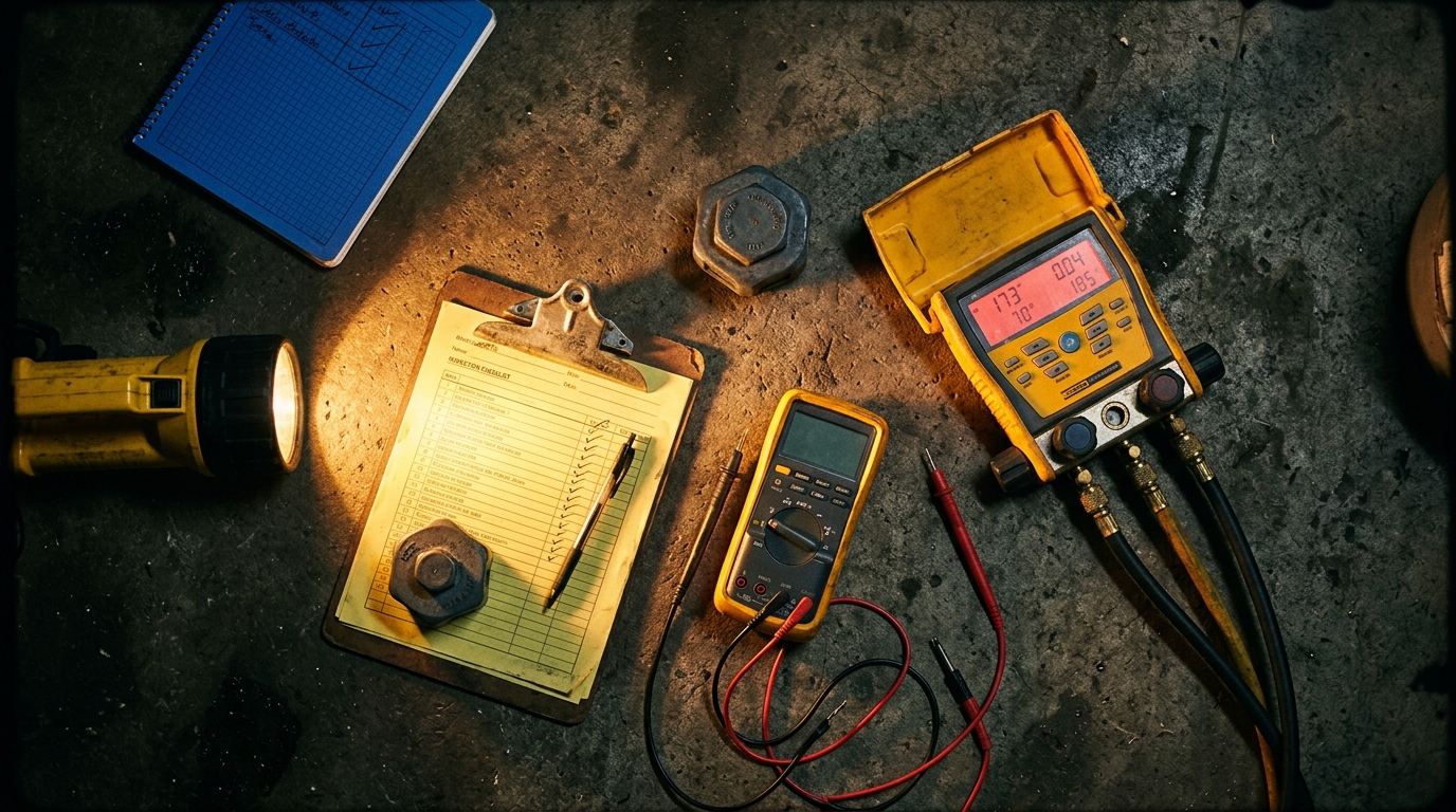 Emergency AC diagnostic — flashlight, multimeter, manifold gauge at 2 AM service call